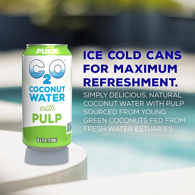 C2O - Coconut Water with Pulp (24 Pack 3 Boxes of 8) - Made with Fresh Coconut Water - Plant Based Non GMO Canned Water - Natural Hydration Essential Electrolytes &amp Potassium - 24 Cans 10.5 F