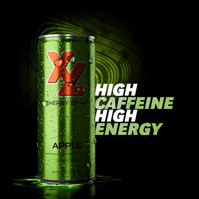 XL Energy Drinks Sugar Free 8.4 Oz 24 Pack - Low Calories Apple Flavor Sugar Free Energy Drinks 80mg Caffeine plus Taurine &amp B Vitamins - Improve Performance with Zero Sugar Drinks Carbonated Bev