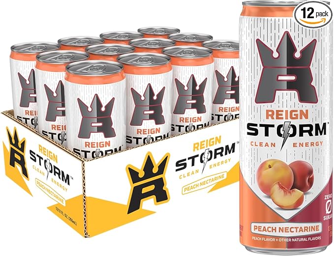 REIGN Storm Peach Nectarine Fitness &amp Wellness Energy Drink 12 Fl Oz | Pack of 12