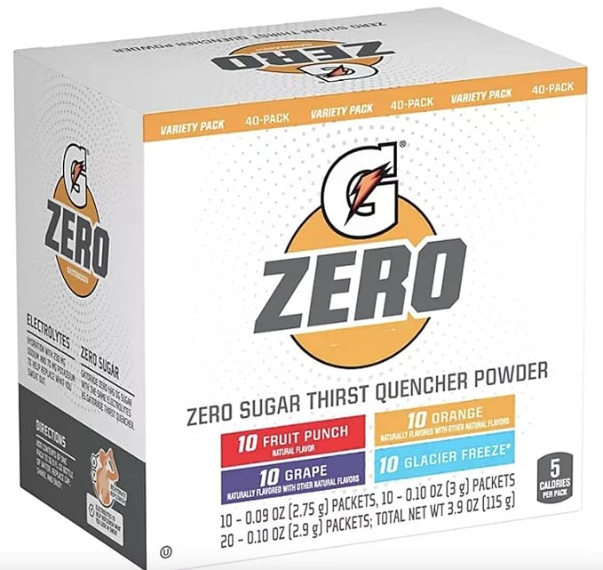 G Zero Sugar Thirst Quencher Powder (Pack Of 40) 10 Flavors Of Each (Fruit Punch Orange Grape &amp Glacier Freeze)