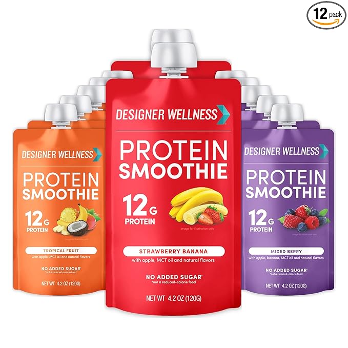 Designer Wellness Protein Smoothie Real Fruit 12g Protein Low Carb Zero Added Sugar Gluten-Free Non-GMO No Artificial Colors or Flavors Variety Pack 12 Count