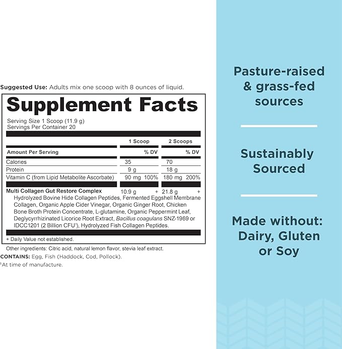 Ancient Nutrition Collagen Powder Protein Multi Collagen Protein Hydrolyzed Collagen Peptides Supports Skin and Nails Joint Supplement (Gut Restore 20 Servings)