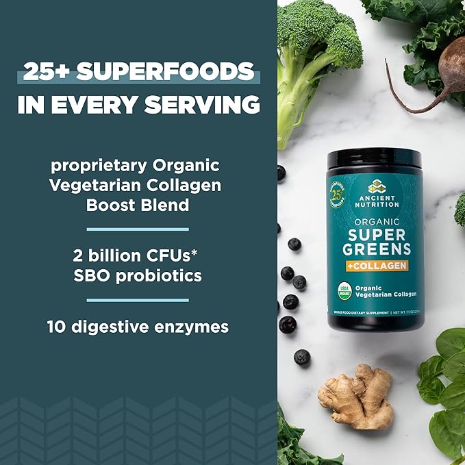 Ancient Nutrition Supergreens Powder Organic Superfood Powder with Collagen Made from Real Fruits Vegetables and Herbs for Digestive and Energy Support 25 Servings 7.5oz