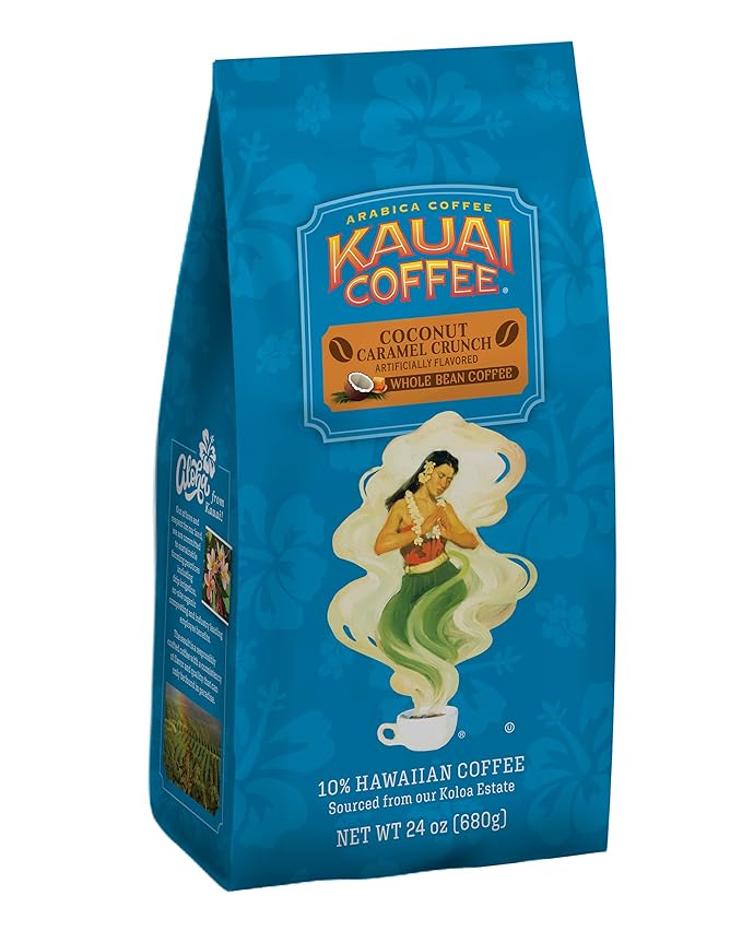 Kauai Coffee Whole Bean Coffee – Smooth Non-Bitter Medium Roast Pure Arabica – Nutty Caramel and Tropical Coconut – Grown on Hawaii's Largest Coffee Farm – Coconut Caramel Crunch 1 Pack of 24oz