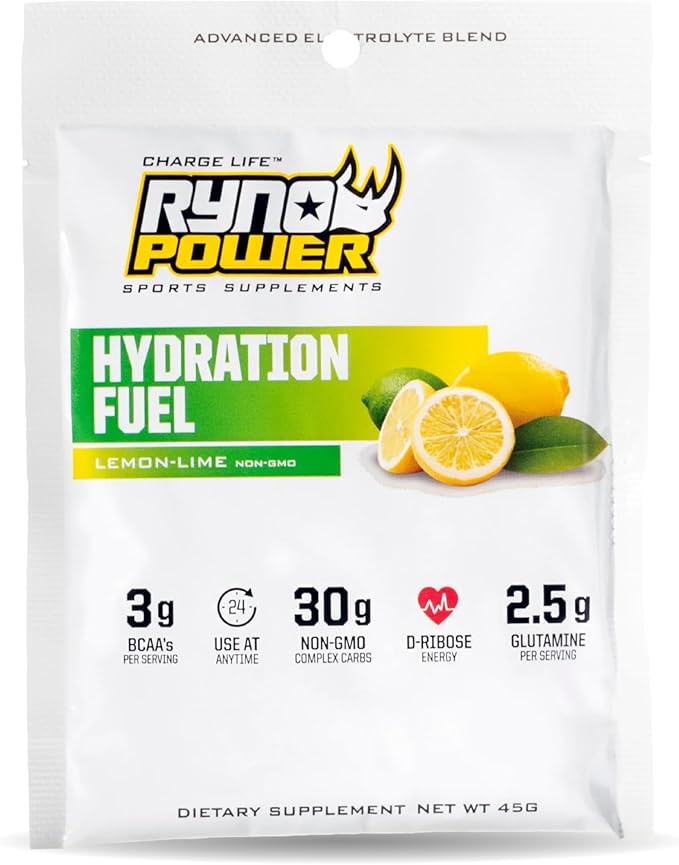 Ryno Power Hydration Fuel Electrolyte Drink Mix Single Caddy (12 Servings) 'Lemon Lime' - Advanced Electrolyte Formula + BCAA's - Gluten Free - Sustained Energy and Muscle Recovery
