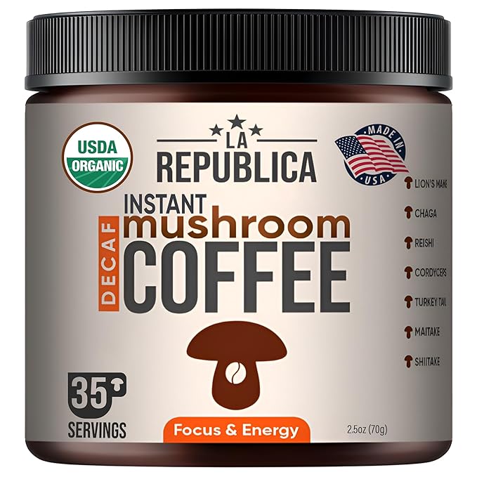La Republica DECAF Organic Mushroom Coffee (35 Servings) with 7 Superfood Shrooms Great Tasting Instant Mix Includes Lion's Mane Reishi Chaga Cordyceps Shiitake Maitake and Turkey Tail (Decaffe