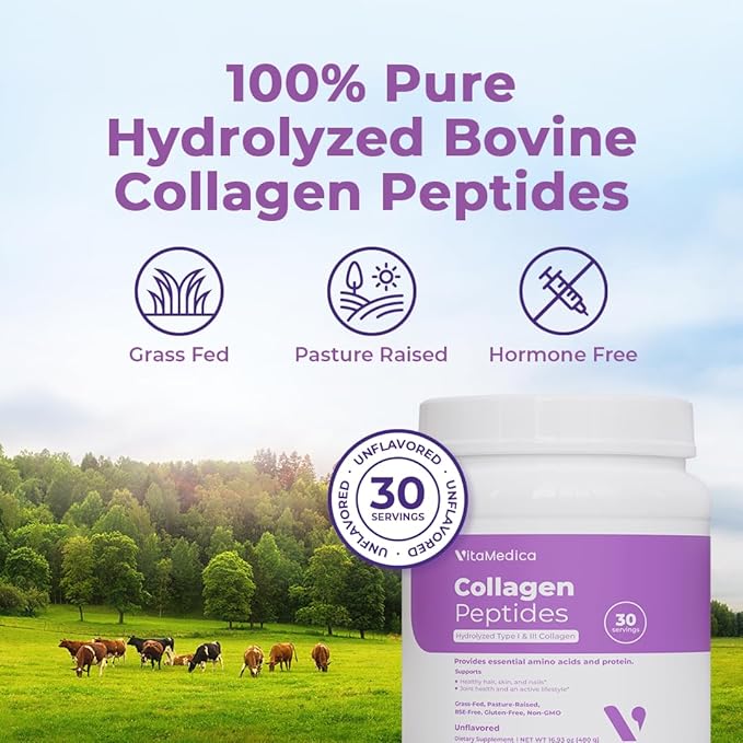 VitaMedica Collagen Peptides Powder for Women &amp Men - Healthy Hair Skin Nails Bones and Joints - Hydrolyzed Types I &amp III Grass-Fed Pasture-Raised Protein Zero Sugar - Pack of 2