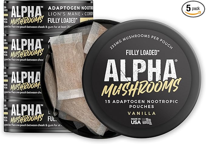 Fully Loaded Alpha Mushroom Pouches - Adaptogen Nootropic Pouches (5-Pack Vanilla) - Lion's Mane Cordyceps &amp Chaga - 5 cans 15 Pouches per can - Functional Mushrooms - Made in the USA