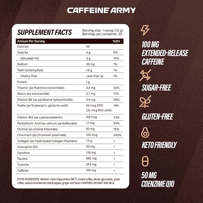 CAFFEINE ARMY Vanilla Latte | Functional Coffee with Collagen Peptides MCTs CoQ10 and Adaptogens: Clean Energy Supports Daily Attention No Jitters or Crash (7.8 oz 22 Servings)