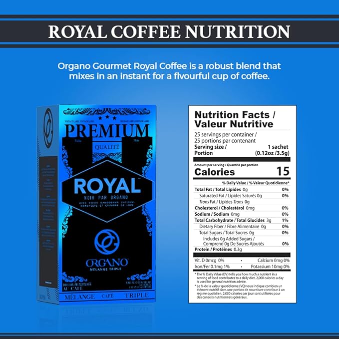 ORGANO Royal Black Medium Dark Roast Instant coffee. Infused with Triple Mushroom Blend Ganoderma Cordyceps and Lion's Mane. Aromatic and flavorful Ground Coffee Beans (25 Sachets)