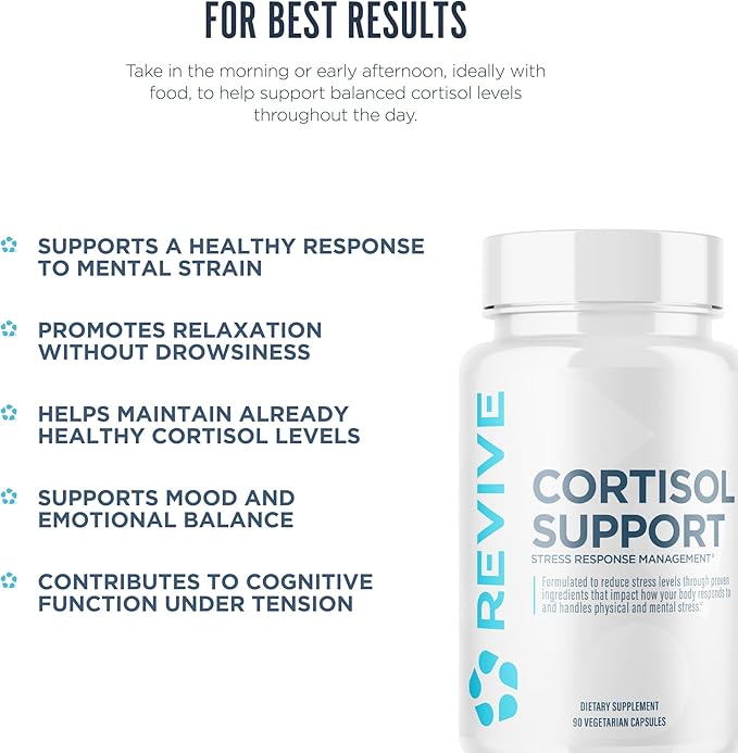 Revive MD Cortisol Manager 90 Vegetarian Capsules - Cortisol Supplement w/Magnesium &amp L-Theanine Support Health Focus Energy Fatigue &amp Adrenal Gland Function - Vegan &amp Gluten-Free (30