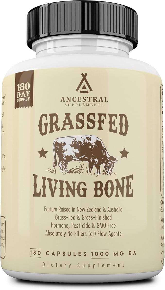Ancestral Supplements Grass Fed Beef Living Bone Supplement Bone Meal Capsules Support Bone Health Oral and Joint Health and Flexibility Non-GMO 180 Capsules