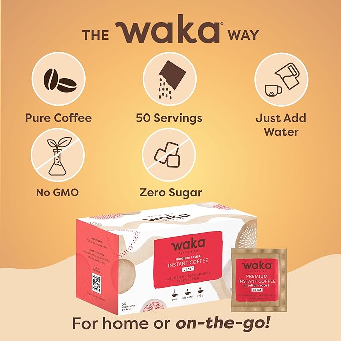 Waka Decaf Premium Instant Coffee — 100% Colombian Arabica Freeze Dried Beans — For Hot or Iced Coffee (Single-Serve 50 ct)
