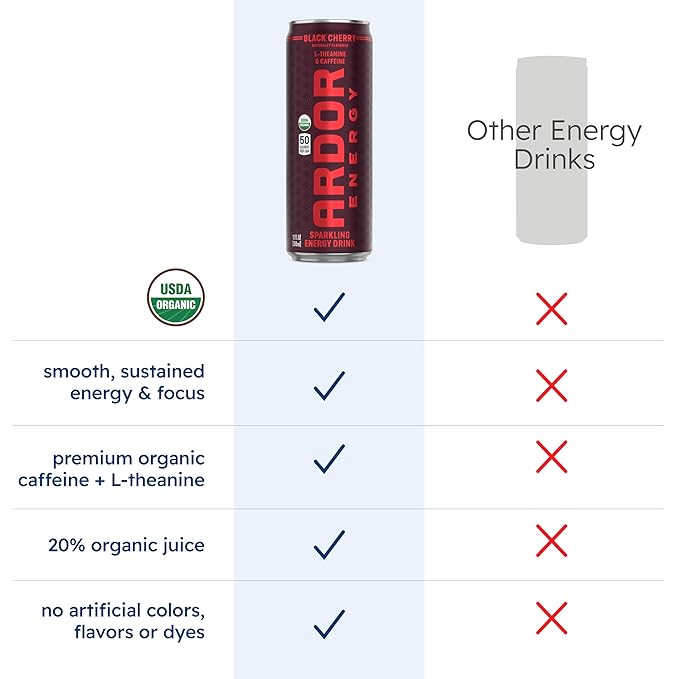 ARDOR ENERGY Natural Sparkling Energy Drink with 100mg Natural Caffeine &amp 200mg L-Theanine from Organic Green Tea for Smooth Energy &amp Focus | Healthy Energy Drink | Made with Real Fruit Juice