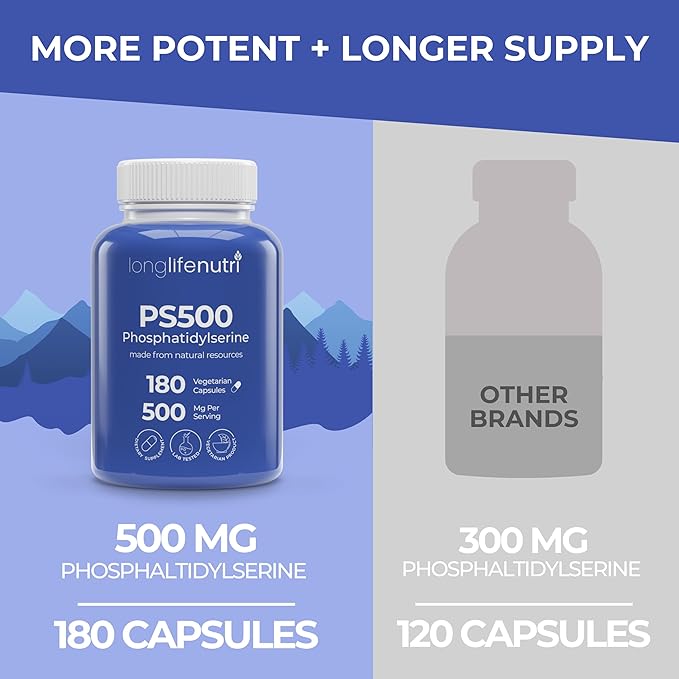Phosphatidylserine Pure 500mg – 180 Vegetarian Pills 3-Month Supply Supplement for Strengthening Memory Focus &amp Cognitive Function Made in USA Lab Tested Soy Free Non GMO