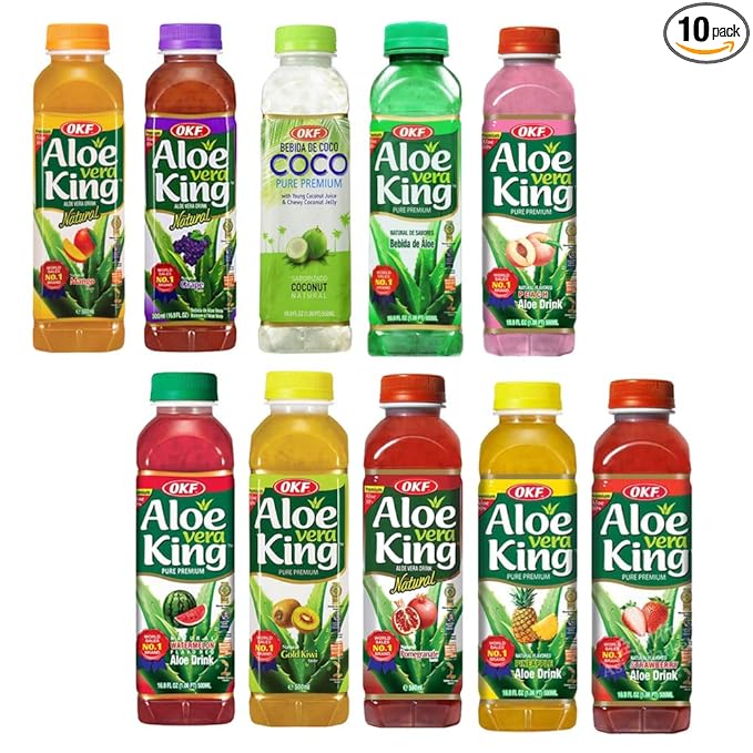 OKF Aloe Vera King Drink Flavors includes Coco Original Grape Mango Pineapple Watermelon Pomegranate Gold Kiwi Peach and Strawberry (10 flavor variety pack 10)
