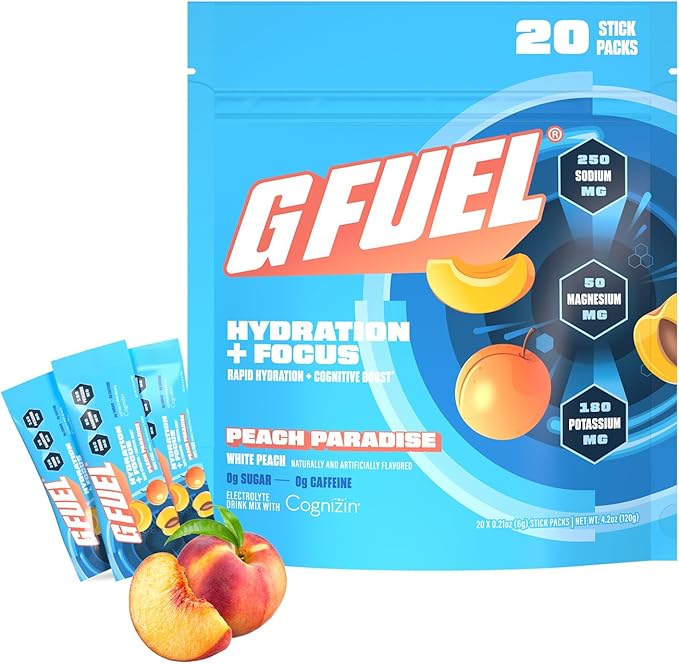 G Fuel Electrolytes Powder for Instant Hydration and Focus | Sugar Free Peach Flavor Electrolyte and Nootropic Drink Mix to Sharpen Mental Focus 20 Servings