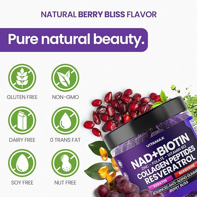 NAD+ Resveratrol Berberine &amp Biotin Anti-Aging Gummy - Hair Skin Nails &amp Joint Supplement - Collagen Peptides Keratin Zinc Vitamin K2 &amp D3 Gummies -Regeneration- Non-GMO - Made in