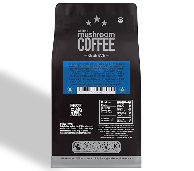 La Republica Espresso De Nicaragua Reserve Ground Coffee for Espresso Maker 60 Servings (Lion's Mane Reishi Chaga Dark Roast)
