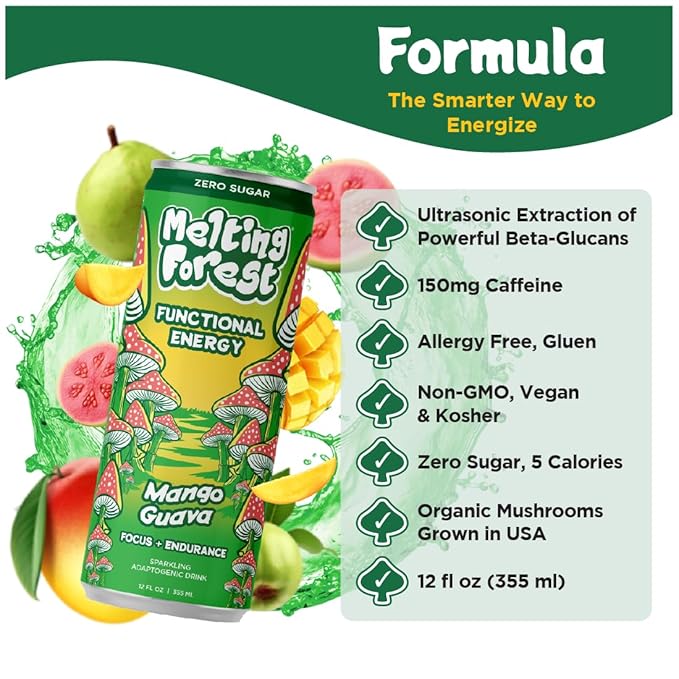 Melting Forest Mushroom Energy Drink L-Theanine Cordyceps &amp Lion's Mane 150mg of Caffeine Energy &amp Focus Cognitive Function &amp Mental Clarity Mango Guava (12 Pack)