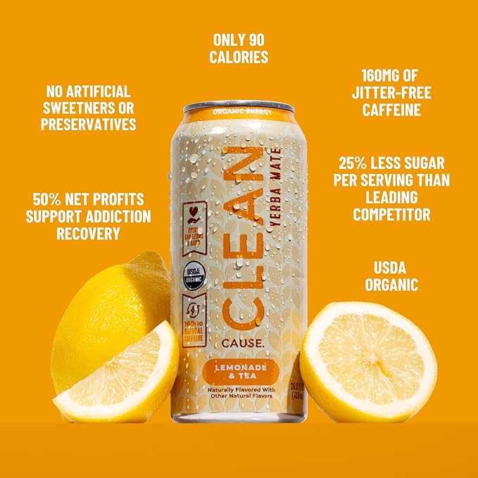 NEW! CLEAN Cause Lemonade &amp Tea and Peach USDA Organic Yerba Mate Tea (15.5oz cans 2-12-Pack Case) Non-Carbonated 160mg Caffeine
