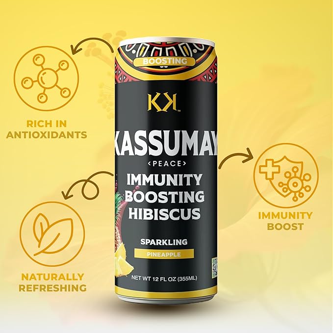 Kassumay Pineapple Sparkling Hibiscus Drink – Premium Plant-Based Wellness Beverage | Immunity Boosting | Antioxidant-Rich | Low Sugar | No Added Sugar | 12 Pack – 12 fl oz Cans