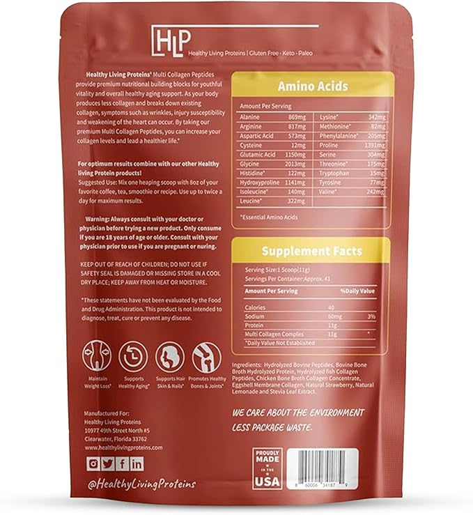 Healthy Living Proteins - Hydrolyzed Multi Collagen Peptides Powder Types I II III V &amp X - Grass Fed Bovine Wild Caught Marine Free Range Chicken - Gluten Free (Strawberry-Lemonade 16 oz)