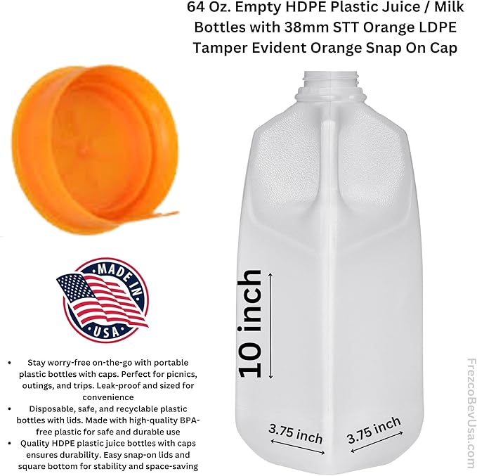 FIJIAN MADE Half Gallon Jugs Bottles (Pack Of 20 x 64 Oz) with Orange Snap On Cap – Great for Homemade Juices Milk Smoothies Tea and Other Beverages - Food Grade BPA Free