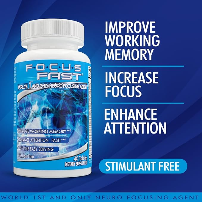 Focus Fast Brain Supplement - Improve Working Memory Enhance Focus Boost Cognition in as Little as 1 Hour. Caffeine/Stimulant Free Nootropic. 40 Tablets (20 Servings)