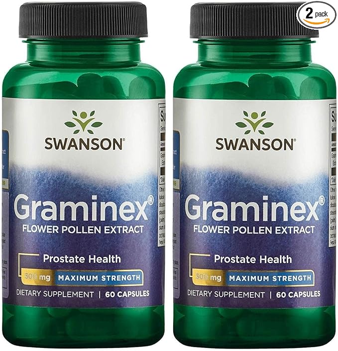 Swanson Maximum Strength Graminex Flower Pollen Extract - Supports Prostate Health Urinary Tract Function and Kidney Health - Mens Health Supplement - (60 Capsules 500mg Each) (2 Pack)