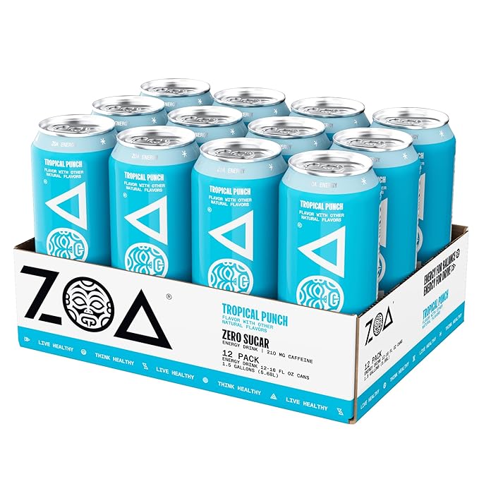 ZOA Zero Sugar Energy Drinks Tropical Punch - Sugar Free with Electrolytes Healthy Vitamin C Amino Acids Essential B-Vitamins and Caffeine from Green Tea - 16 Fl Oz (12-Pack)