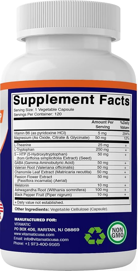 Vitamatic Melatonin 30mg Made with B6 Magnesium L-Theanine L-Tryptophan 5-HTP GABA Valerian Chamomile Passion Flower Ashwagandha &amp Black Pepper