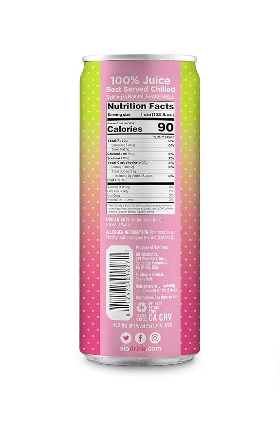 ALO Slim Can Juice | 80% Watermelon Juice + 20% Coconut Water | Plant-Based Beverage | Not from Concentrate | 10.8oz Cans (Pack of 12)
