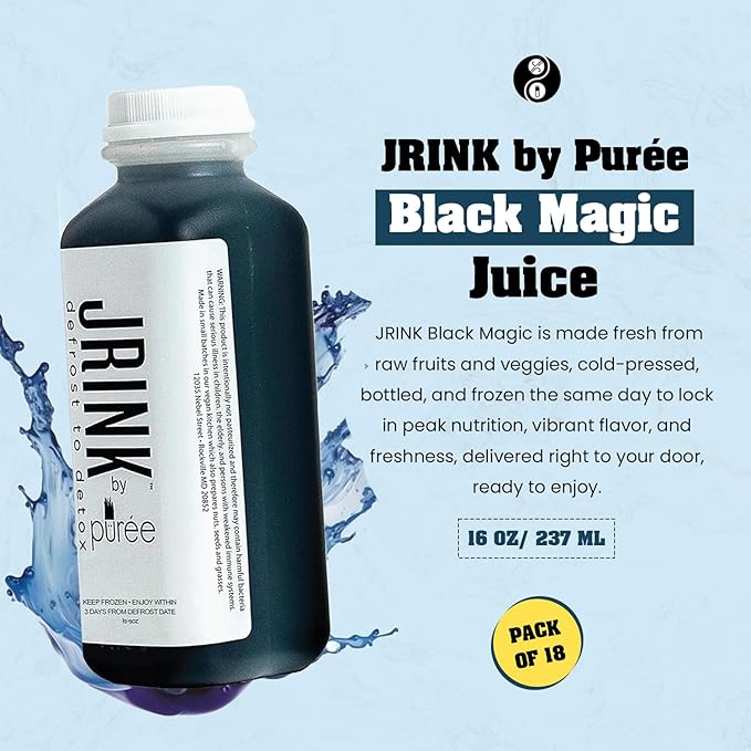 JRINK by Purée Black Magic Cold Pressed Juice Cleanse Organic Raw Fruit and Vegetable Detox Drink Healthy Cleanse No Preservatives Cold Press Juice 18 Bottles 16oz Each