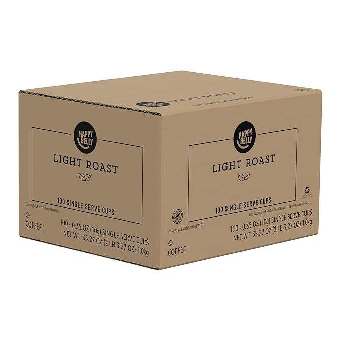 Amazon Brand - Happy Belly Light Roast Coffee Pods Compatible with Keurig 2.0 K-Cup Brewers 100 Count