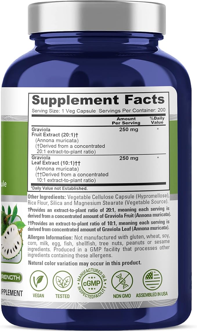NusaPure Graviola Capsules 250 mg 200 Veg Capsules (Non-GMO Vegan)
