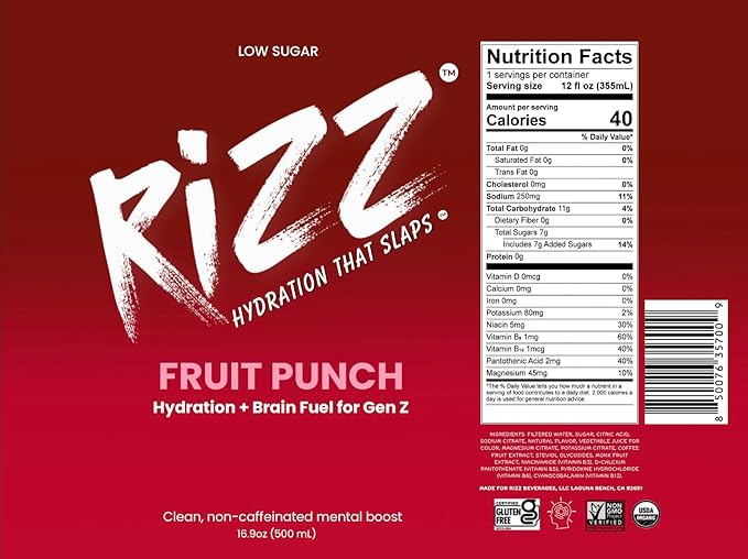Rizz: Hydration That Slaps Nootropic Drink – 12-Pack Variety (Mandarin Lemon Lime Fruit Punch) | Low Sugar Electrolytes Clean Energy &amp Focus Boost | Performance Hydration for Athletes Gamers &