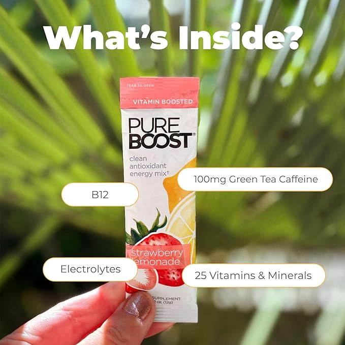 Pureboost Clean Energy Booster Refreshing Energy Drink Mix with B12 Vitamins Electrolytes Antioxidants Sugar-Free with No Sucralose (Strawberry Lemonade 30 Count)