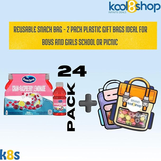 Ocean Spray Cran Raspberry Lemonade Fruit Juice Drink 10 fl oz Plastic Bottles 24 Pack + 2 Reusable Snack Bags by KOOL8SHOP Infinite Deals