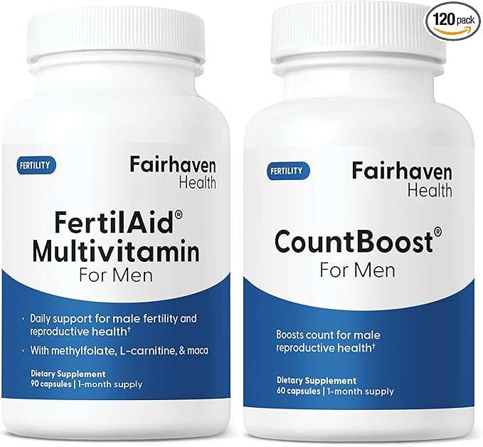 Fairhaven Health FertilAid for Men and Countboost Combo | Prenatal Male Fertility Supplement | Count and Motility Support Pre Conception for Him | Fertility Support Includes L-carnitine Zinc Folate