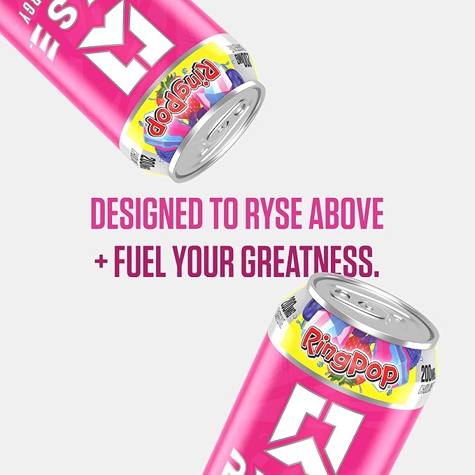 RYSE Fuel Energy Drink - Ring Pop Berry Blast - Sugar Free Gluten Free &amp Vegan - 200mg Natural Caffeine Taurine &amp Choline for Focus &amp Energy - No Artificial Colors - 16 fl oz Cans (12-Pa