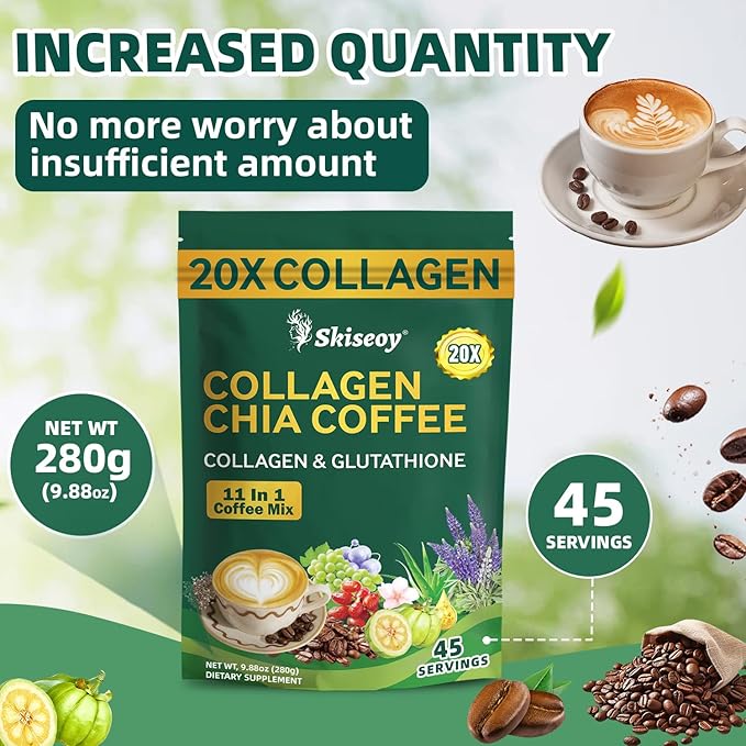 Skiseoy 20x Collagen Chia Coffee - 11-in-1 Coffee Shape Mix with L-Glutathione for Skin Hair Joints - Boost Energy and Focus Vegan Friendly 45 Servings