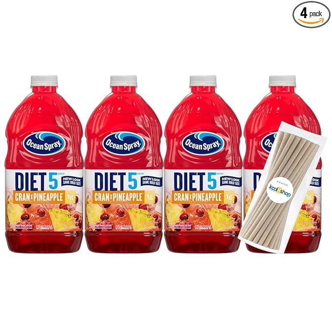 Ocean Spray Diet Cran Pineapple Juice Drink 64 fl oz Plastic Bottle 4 Pack + 15 Sugarcane Disposable Straws by KOOL8SHOP Infinite Deals