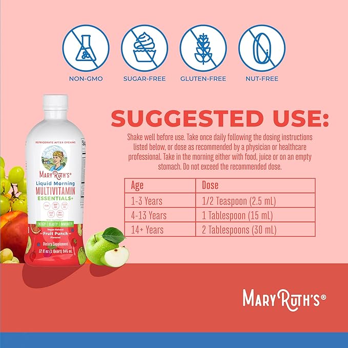 MaryRuth Organics Liquid Morning Multivitamin Essentials+ | Vitamin A C D E B6 B12 Biotin Zinc Mens Womens Multivitamin Immune Support Beauty | Sugar Free | Vitamins for Ages 1+ | Vegan | 32 Fl Oz