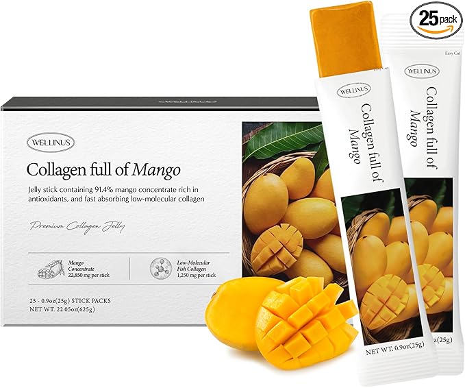 Korean Collagen Jelly Sticks - 25 Mango Flavored Marine Collagen Peptide Snacks for Anti-Aging- Collagen Protein Sugar-Free Travel Packs for Hair &amp Nail Strength