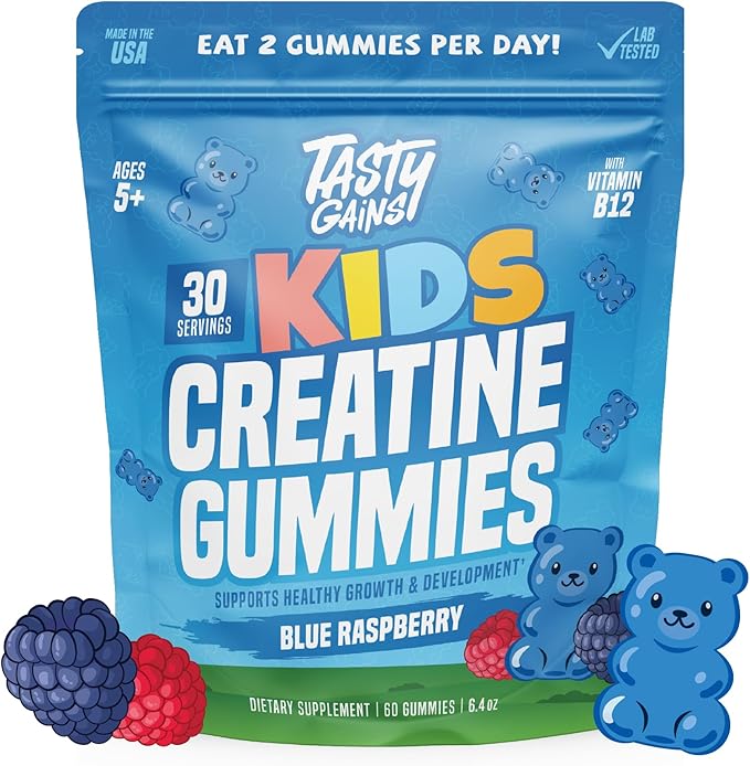 TASTY GAINS Kids Creatine Gummies with Vitamin B12 for Growth Support Kids Vitamin Gummies for Daily Nutrition Support Gummy Vitamins for Kids Easy Chew Supplement for Children
