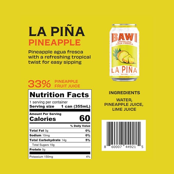 Bawi La Pina Sparkling Agua Fresca 12 Pack - Pineapple Flavored Water Plant-Based Low Calorie Less Sugar Culturally-Rooted Mexican Drink Made in USA Better-For-You Soda Authentic Mexican Drin