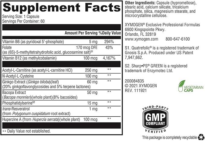 XYMOGEN MemorAll - Brain Support Supplement - Vitamins + Botanicals That Support Cognitive Function and Healthy Memory - Folate Ginkgo NAC Phosphatidylserine B12 B6 Huperzine A (60 Capsules)