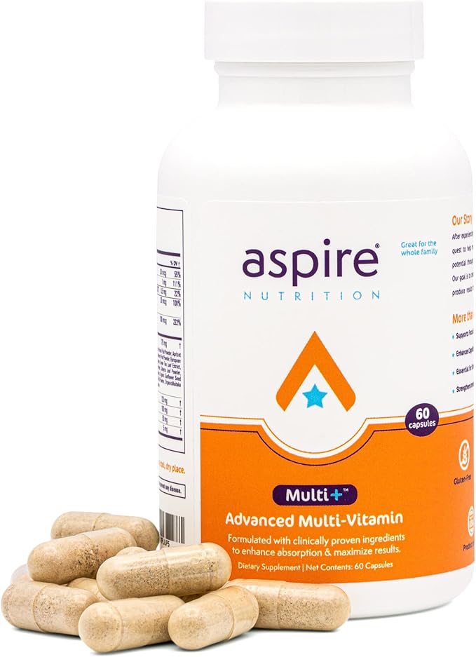 Aspire Multi+™ Advanced Multivitamin for Men Women &amp Kids - Best Supplement for Focus Attention Memory Mood. More Absorbent Nutrients Minerals and Vitamins - All Natural