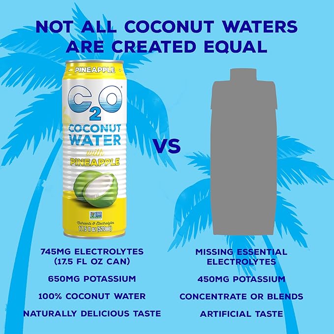 C2O - Coconut Water with Pineapple (12 Pack) - Made with Fresh Coconut Water - Plant Based - Non GMO - Canned Water - Natural Hydration Essential Electrolytes &amp Potassium - 12 Cans 17.5 FL OZ